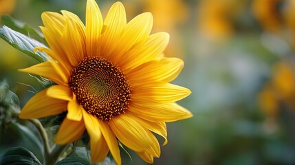 Fototapeta premium Close up of bright yellow sunflower with detailed petals and dark center against soft blurred background