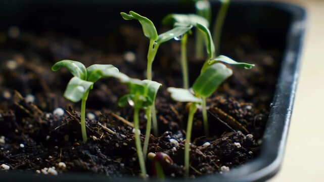 Nurturing New Life: Water Droplets from a Bottle Gently Nourish a Growing Sprout.