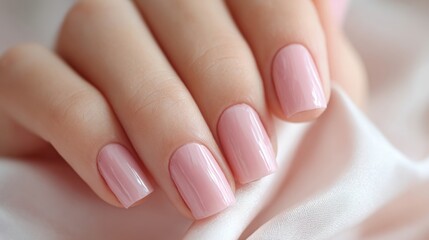 Close-up of well manicured feminine fingernails with pink nail polish and smooth skin.