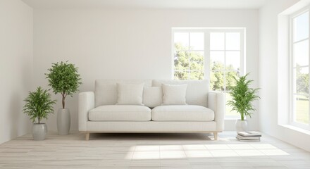 Minimalist interior featuring a white sofa two potted plants a bright window and a pile of books all set against white walls