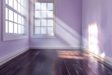 Fototapeta premium Sunlight streams into a corner room, illuminating the lavender walls and dark hardwood floor.