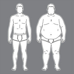 Male Body Type Comparison: Normal Weight vs Obese (Front, Line Art)