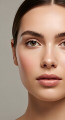 Close-up portrait of a young woman, highlighting her serene natural beauty, radiant healthy skin, and elegant features, perfect for modern wellness and cosmetic concepts