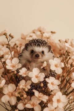 Hedgehog Among Light Peach Flowers