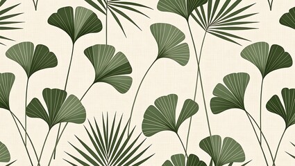 Ai generated image of green ginkgo leaf and palm frond pattern on textured background