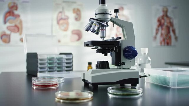 Scientific Research in Progress: Microscope and Petri Dishes on a Laboratory Bench with Anatomical Charts.