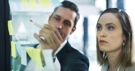 Business, people and writing graph on glass for planning, profit growth and financial report. Staff, meeting and drawing charts on revenue increase, finance stats and information for investment goals