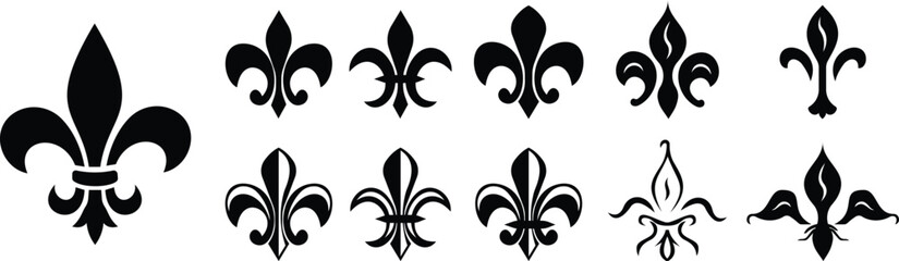 Fleur De Lis black icon set Royal French heraldic symbol New Orleans hold support and recover Design element was the official emblem of French monarchy, symbolizing, royalty, purity, and divine right