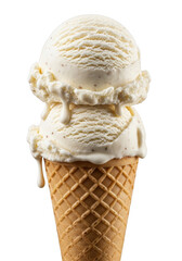 Delicious two scoops of vanilla ice cream in a crunchy waffle cone isolated on transparent background