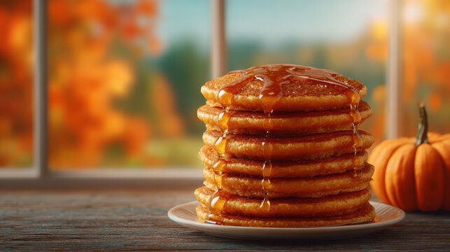 Stack of pumpkin spice pancakes with syrup dripping down, set on plate by window with autumn leaves and pumpkin outside, cozy fall breakfast