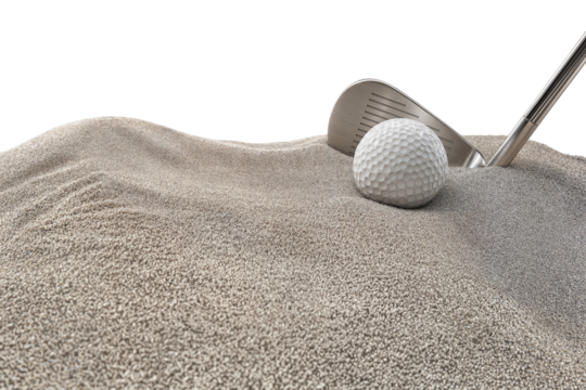 Golf ball resting in sand bunker ready for perfect swing with silver club closeup in sunlight on transparent background