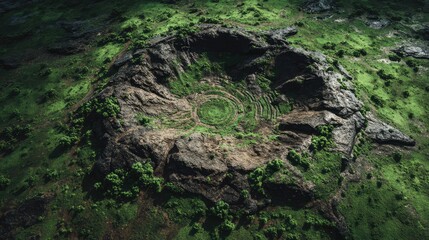 Ancient impact crater with mysterious geological formations glowing with preservation symbols in Ghana