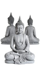 Three gray Buddha statues in a meditative pose