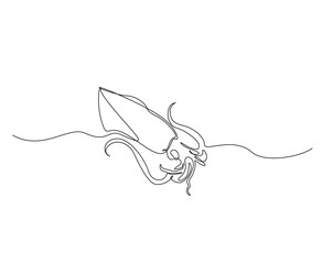Squid sea animal outline drawing illustration. one continuous line drawing of squid in the sea.