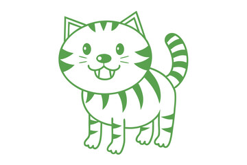 Cheerful green cartoon cat showcases its charming smile and striped tail design
