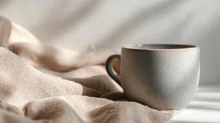 Minimalist Coffee Cup on Soft Fabric Surface with Neutral Background for Home Decor.