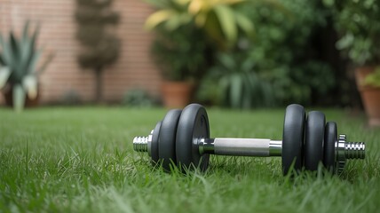 Dumbbell set resting on fresh green grass in backyard garden, fitness equipment for healthy lifestyle, outdoor workout and exercise concept