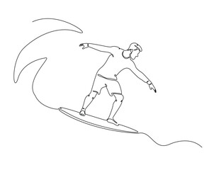 Surfer surfing in the sea outline drawing illustration. one continuous line drawing of surfing sport.