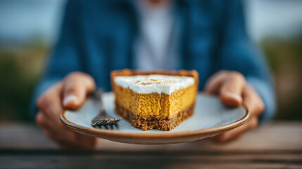Close up of person holding plate with slice of pumpkin pie topped with whipped cream, evoking cozy and inviting feeling