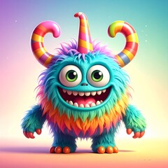 Naklejka premium A cheerful, colorful monster, adorned with candy-striped horns, displays a joyful expression in a vibrant digital illustration.