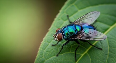Closeup macro shot of a metallic blue and green fly resting on a vibrant green leaf, showcasing intricate details of its body and wings in natural daylight