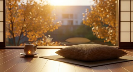 A serene japanese room with a view of autumn trees, a tea set, and a cushion