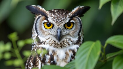 Obraz premium Observing owl stares from lush green foliage, symbolizing wisdom, mystery, and nature in a serene forest environment