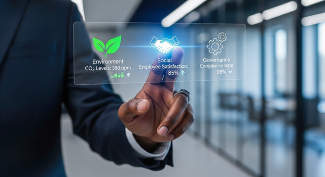 Businessman interacting with ESG dashboard showing environment, social, and governance metrics on futuristic transparent screen in modern office for sustainable investment. - Powered by Adobe