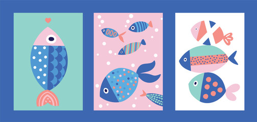 Fototapeta premium Interior poster with fish. Cute set. Vector illustration