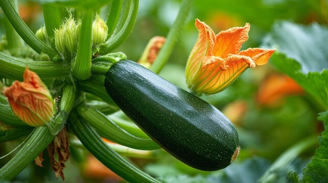 Fresh zucchini growing with vibrant orange flowers in a sunny garden, ready for harvest.