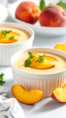 Peach dessert, creamy, garnished, kitchen setting