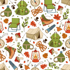 Camping seamless vector pattern. Hiking gear, tent, folding chair, backpack, flashlight, compass, rope. Outdoor recreation, mushrooms, leaves, animal tracks. Wild adventures ornament. Flat background