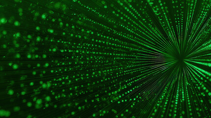 Radial green glowing rays with bokeh circles on dark gradient background for big data visualization and green tech wallpaper