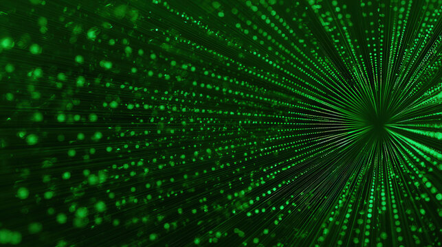 Radial green glowing rays with bokeh circles on dark gradient background for big data visualization and green tech wallpaper