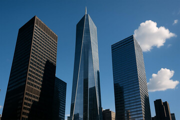 Modern skyscrapers reaching towards a clear blue sky with fluffy white clouds