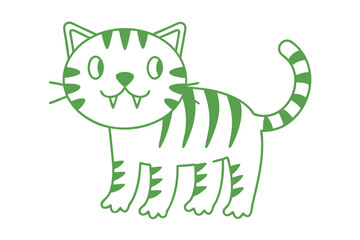 Cheerful green tiger outline with stripes happily stands on a white background
