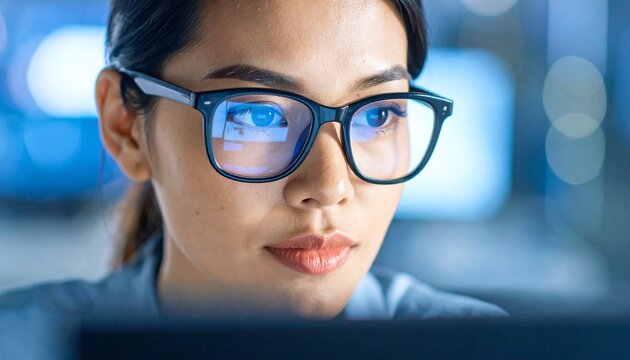 Close-up of a young Asian woman wearing glasses, looking at a computer screen with a focused and determined expression.