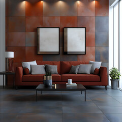 need a image of 2 color tiles room with sofas image should be super realistic and clean front view also a tiles wall