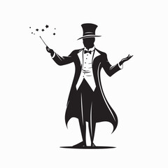 Silhouette of Magician Performing Magic Trick with Wand Vector Art