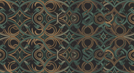 Obraz premium Ornate, swirling pattern with interlaced elements in shades of green and gold on a dark background.