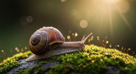 Snail on mossy rock illuminated by sunlight showcasing its textured shell and the surrounding dewkissed bryophytes