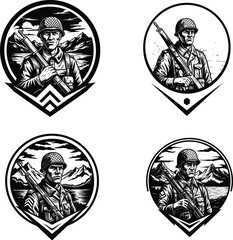Obraz premium Veterans day WWII-Style Soldier with Rifle Vector Badge over Mountain Lake, illustration, silhouette, line art.