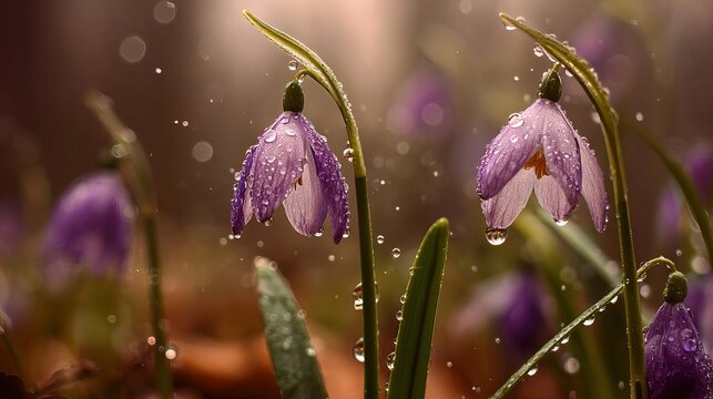 Vibrant purple wildflowers with glistening water droplets, perfect for nature and spring themes