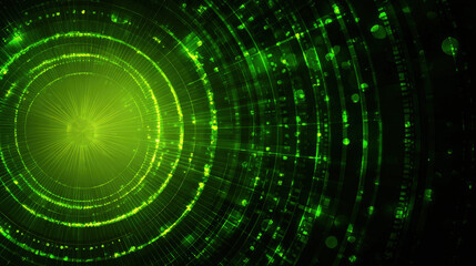 Radial green glowing rays with bokeh circles on dark gradient background for big data visualization and green tech wallpaper