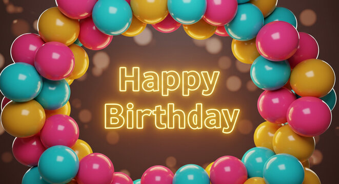 Colorful balloons form a circle around a glowing "Happy Birthday" message. - Powered by Adobe