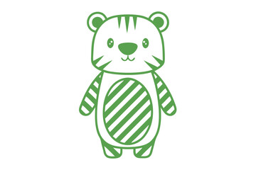 A cute green cartoon tiger stands smiling with a striped pattern on white