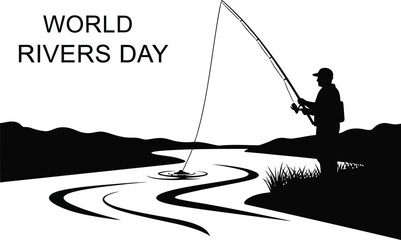 Silhouette illustration of a fisherman fishing in a river for world rivers day