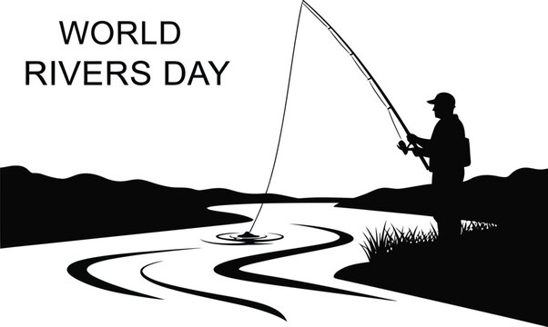 Silhouette illustration of a fisherman fishing in a river for world rivers day