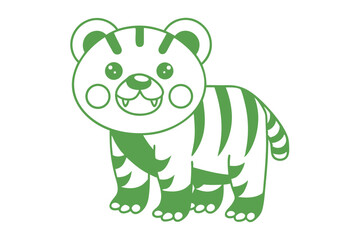 A simplistic green cartoon tiger with stripes faces forward on the white background