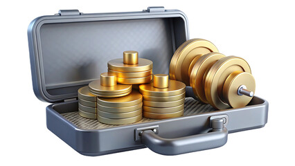 Open briefcase filled with gold weight plates metal